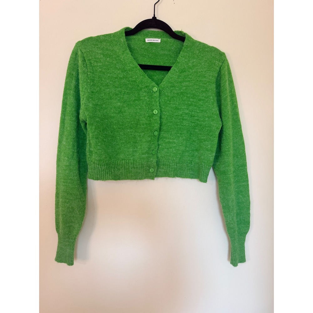 Rain Bow Boutique Green Cropped Cardigan V-Neck Knit Button Up Sweater XS